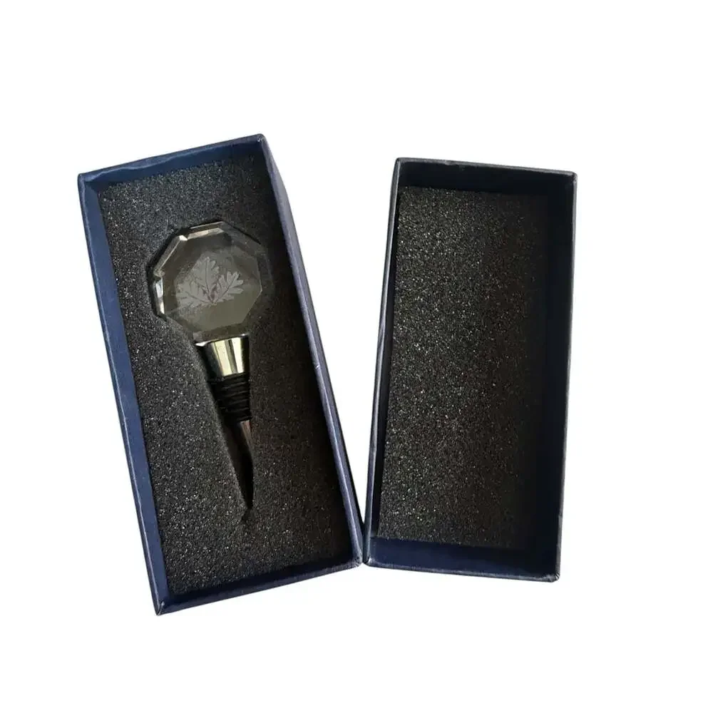 Octagonal Crystal Wine Bottle Stopper with Laser Etched Oak Leaf Design